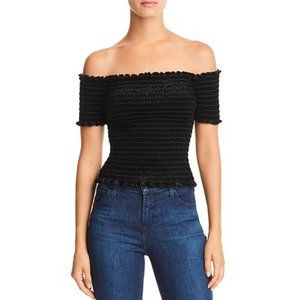 Aqua Smocked Velvet Off-the-Shoulder Top Black